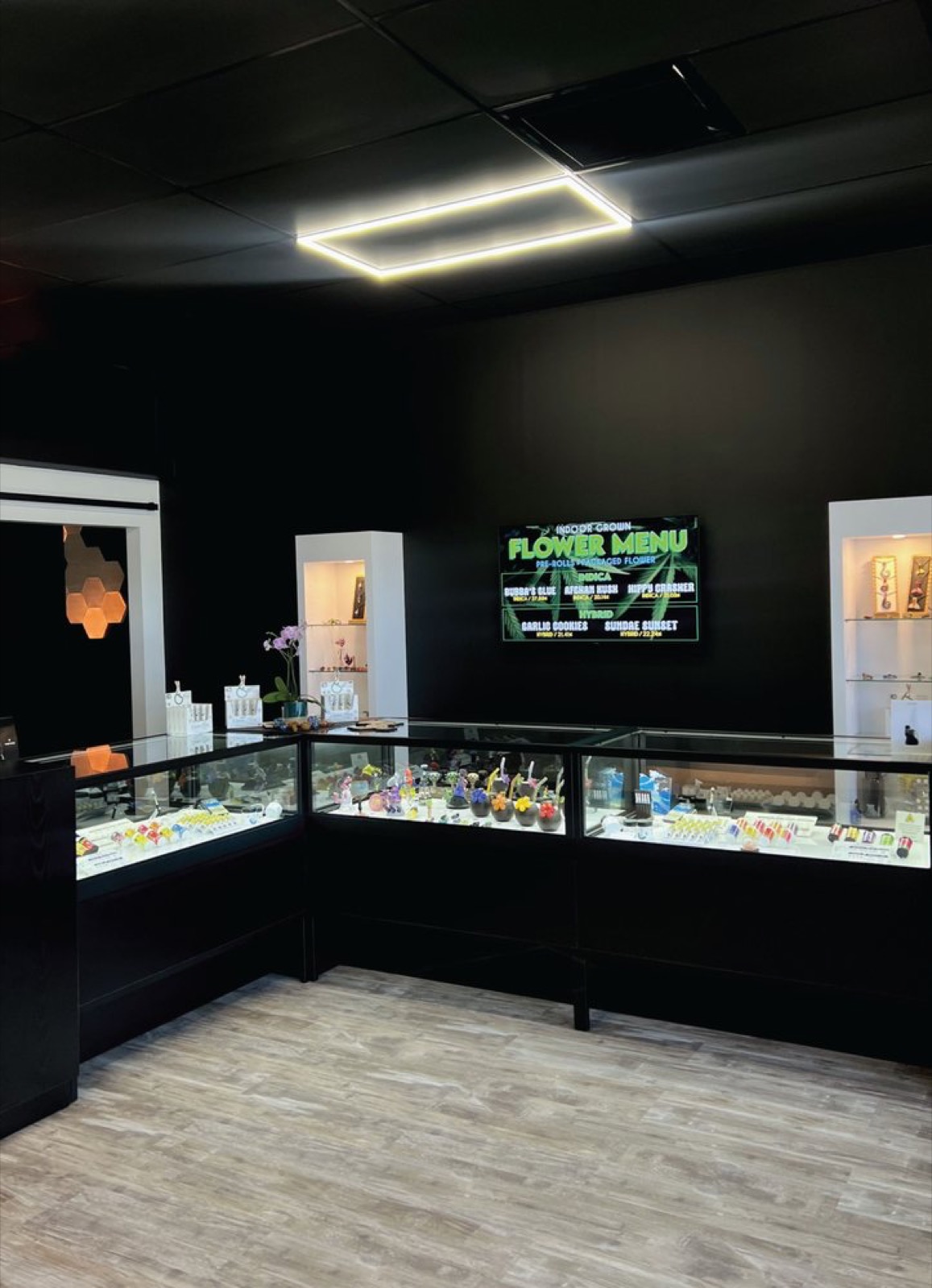 Inside Canna Flora — lit product display cases